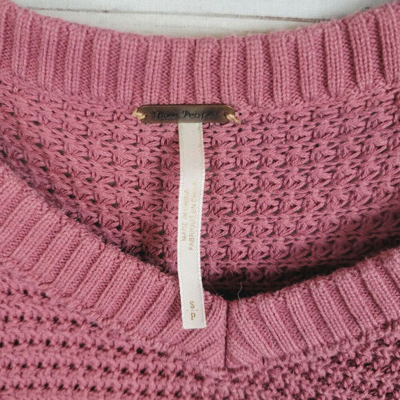 FREE PEOPLE MOONSHINE WAFFLE KNIT COLD SHOULDER SWEATER IN MAUVE, SZ SMALL - Picture 5 of 14